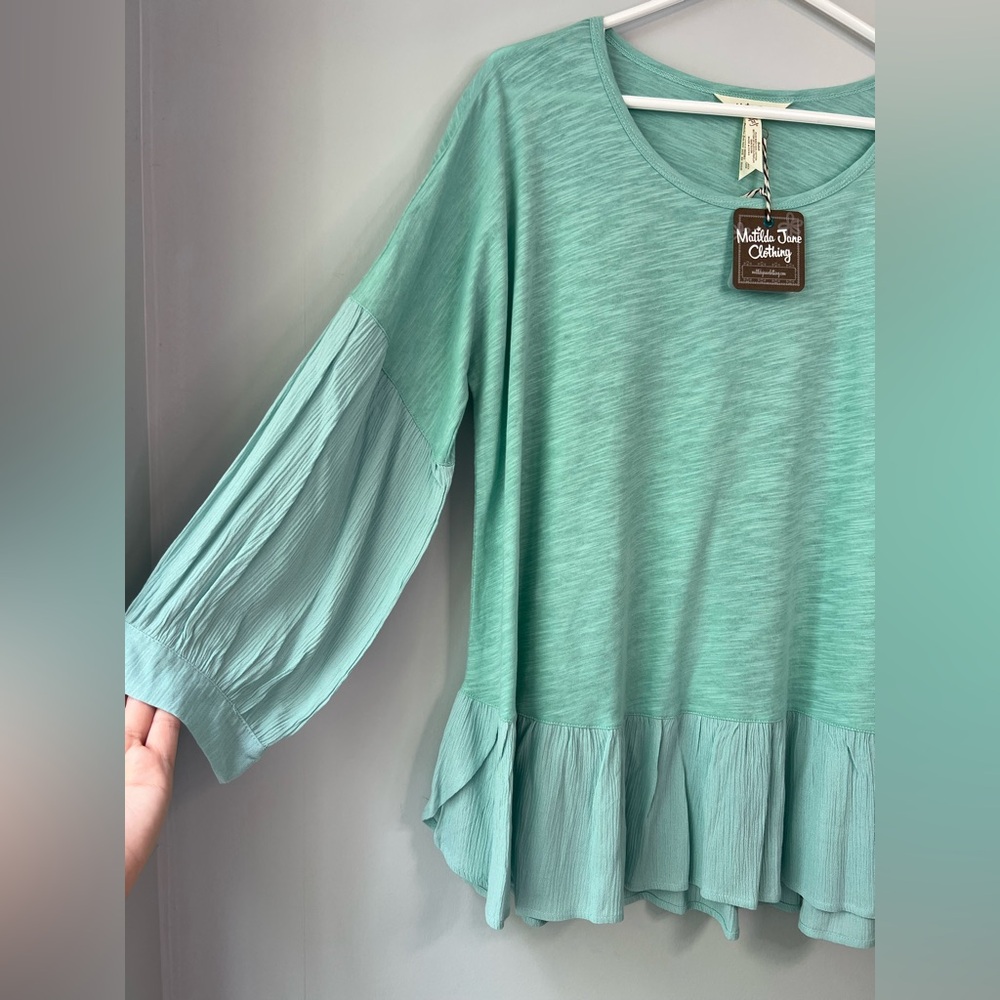 NEW! Matilda Jane 3/4 Sleeve Ruffle Top Misty Teal Women’s Shirt Size Medium - Picture 2 of 7